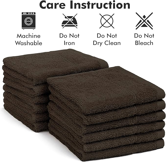 Face Towels Pack of 12 – 100% Cotton Wash Cloths (12x12 inch) – Soft, Quick Dry & Highly Absorbent Hand Towels for Bathroom, Spa, Gym, Kitchen and for Daily Use - (Dark Brown)