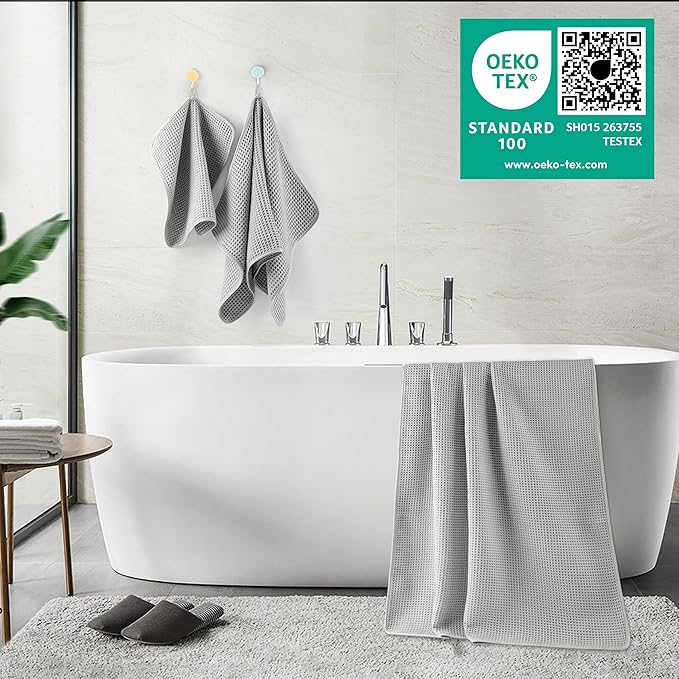 430 GSM Microfiber Quick Dry Lint Free Oversize Bath Towel Set, 6 Piece (Waffle Weave)