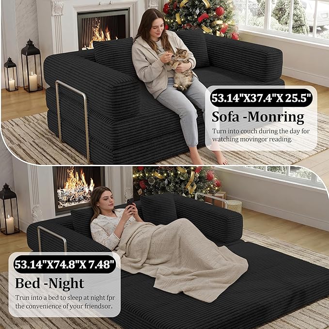 4-in-1 Foldable Sofa Bed Teddy Foam-Filled Compressed Couch Loveseat Sofa Boneless Foldable Convertible Sleeper Sofa Couch for Space Saving Living Room, Guest Bed, Playroom (Black, 53.15"Double Sofa)