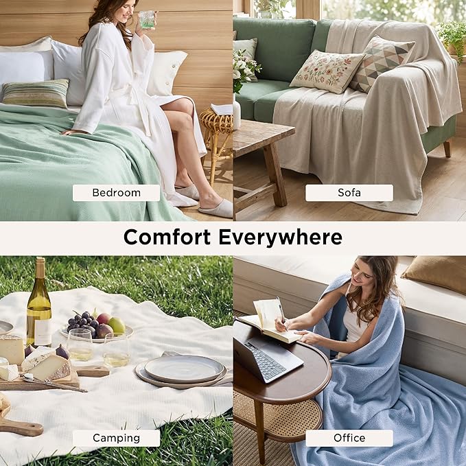 Bedsure GentleSoft 100% Cotton Blanket Queen Size for Bed - Breathable and Lightweight, Soft Cozy Textured Herringbone Woven Blanket for Summer Spring, Home Room Decor, Linen Beige, 90x90 inches