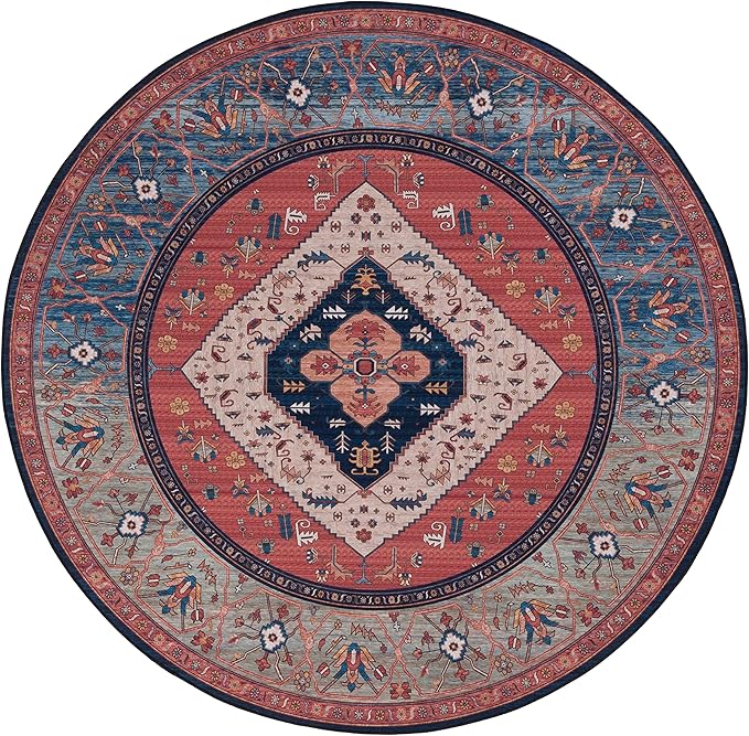 SAFAVIEH Washable Rug Tucson Collection - 6' Round, Rust & Blue, Slip Resistant & Easy to Clean, Ideal for Living Room, Bedroom, Dining Space (TSN153P)
