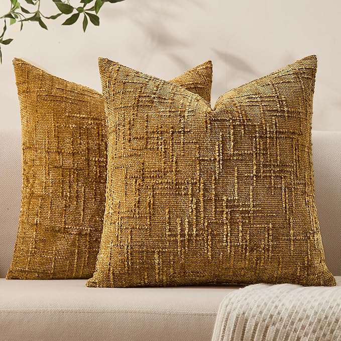 Summer Decorative Couch Throw Pillow Covers 26x26 Set of 2 Yellow Soft Chenille Pillow Covers Neutral Textured Boho Cushion Covers for Modern Farmhouse Sofa Bedroom Living Room Decor SY008-C26