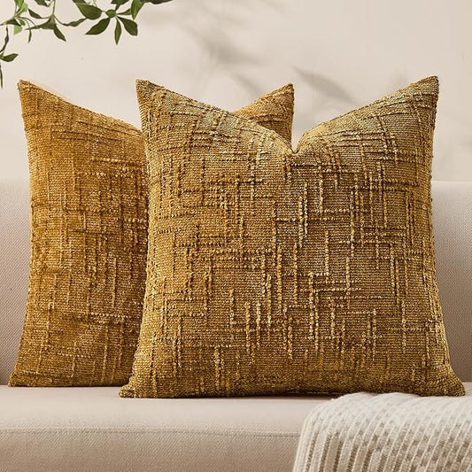 Summer Decorative Couch Throw Pillow Covers 22x22 Set of 2 Yellow Soft Chenille Pillow Covers Neutral Textured Boho Cushion Covers for Modern Farmhouse Sofa Bedroom Living Room Decor SY008-C22
