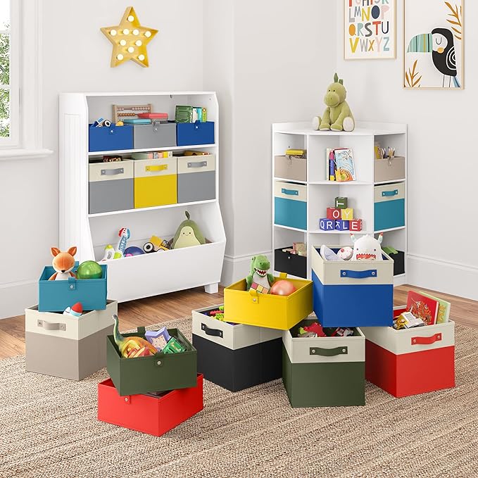 RiverRidge Kids 6pc Folding Storage Bins Set - 10.5”W x 5”H Fabric Boxes with Handles for Closet Organizer & Storage - Olive Cube Storage Organizer for Toys, Clothes & Crafts - Fits RiverRidge Shelves