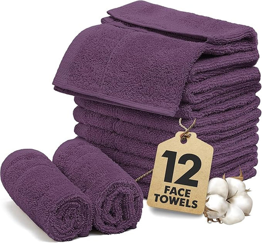 Face Towels Pack of 12 – 100% Cotton Wash Cloths (12x12 inch) – Soft, Quick Dry & Highly Absorbent Hand Towels for Bathroom, Spa, Gym, Kitchen and for Daily Use - (Dark Purple)