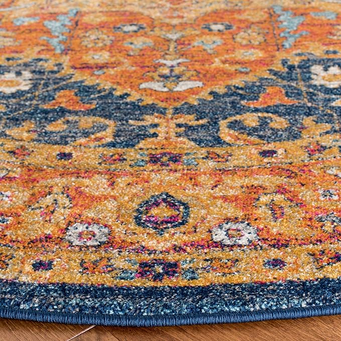 SAFAVIEH Evoke Collection 3' Round Blue/Orange EVK275C Oriental Medallion Distressed Non-Shedding Dining Room Entryway Foyer Living Room Bedroom Area Rug