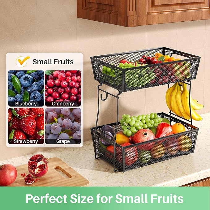 2 Tier Fruit Basket Bowl for Kitchen Counter with 2 Banana Hangers, Countertop Metal Mesh Basket Stand Fruit Holder for Veggies Onion Potato Bread Snack, 2 Pack