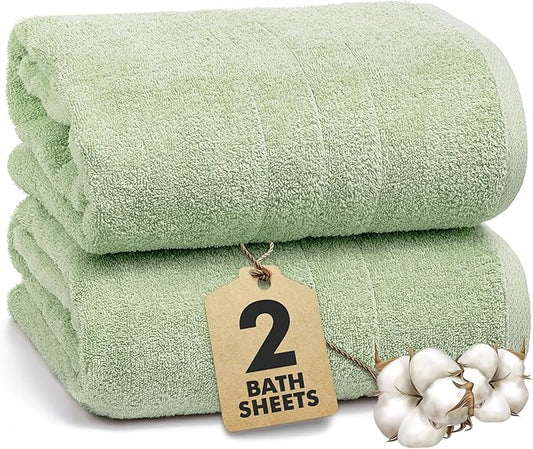 Bath Sheets – Extra Large Bathroom Sheet Set – Pack of 2 Jumbo Towels Light Green (71x35in) – 100% Cotton Soft Quick Dry Large Bath Towels for Adults Hotel Spa Bathroom Use