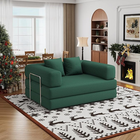Folding Sofa Bed Convertible Corduroy Couch Queen Size Floor Sleeper 4-in-1 DIY Combination Modular Lazy Sofas Fold Futon Lounge for Living Room (Green, 53.15" Double Sofa)