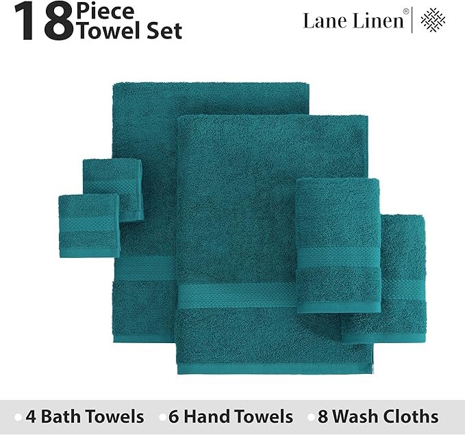 LANE LINEN 100% Cotton Bathroom Towels Set - 18 Piece - Super Soft, Quick Dry & Highly Absorbent - 4 Bath, 8 Washcloth, 6 Hand Towels - Premium Hotel Quality, Ideal for Spa & Salons - Seaport Blue