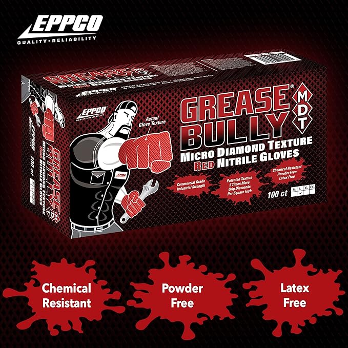 EPPCO Grease Bully 7-Mil Red Nitrile Gloves Disposable Powder Free, Latex Free Textured Superior Grip Glove, Singles