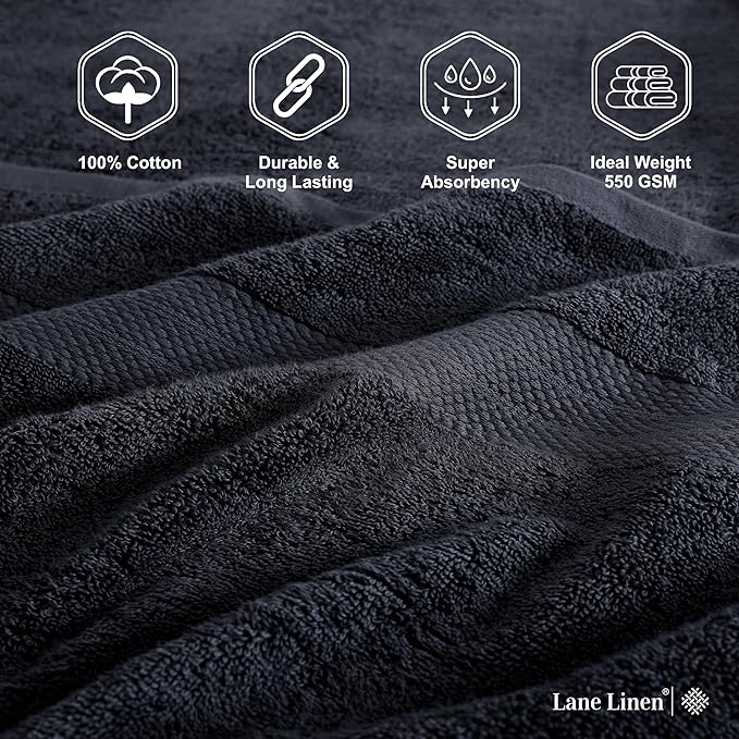LANE LINEN 100% Cotton Black Towel Set for Bathroom - 18 Piece - Super Soft, Hotel Quality - 4 Bath, 8 Wash Cloths, 6 Hand Towels for Bathroom - Classic, Gentle on Skin, Ideal for Spa & Daily Use