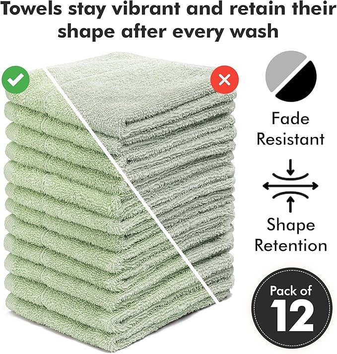 Face Towels Pack of 12 – 100% Cotton Wash Cloths (12x12 inch) – Soft, Quick Dry & Highly Absorbent Hand Towels for Bathroom, Spa, Gym, Kitchen and for Daily Use - (Light Green)