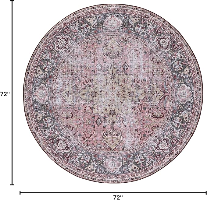 SAFAVIEH Washable Rug Tucson Collection - 6' Round, Pink & Beige, Slip Resistant & Easy to Clean, Ideal for Living Room, Bedroom, Dining Space (TSN144U)