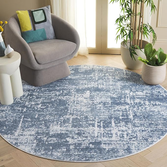 SAFAVIEH Amelia Collection Area Rug - 7' Round, Ivory & Steel Blue, Modern Abstract Design, Non-Shedding & Easy Care, Ideal for The Entryway, Living Room, Foyer (ALA700D)