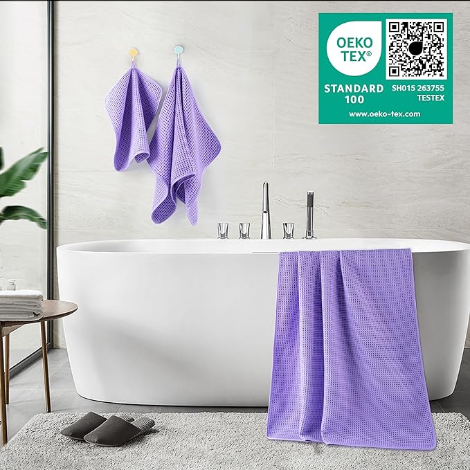430 GSM Microfiber Quick Dry Lint Free Oversize Bath Towel Set, 6 Piece (Waffle Weave)