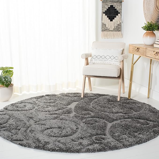 SAFAVIEH Florida Shag Collection Area Rug - 6'7" Round, Grey, Scroll Design, Non-Shedding & Easy to Clean, High-Low Plush Pile, Ideal for Living Room, Bedroom, Dining Space (SG455-8013)