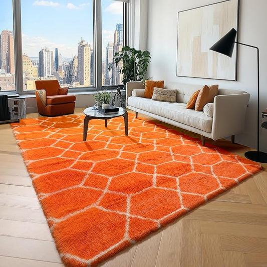 ONASAR Rugs for Living Room Bedroom, 5x8 Fluffy Orange and White Area Rug, Geometric Boho Soft Plush Shaggy Fuzzy Floor Carpet for Nursery Kids Girls Boys Teen Dorm Home Decor Aesthetic