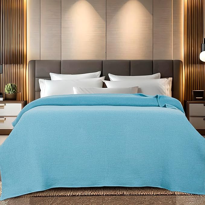 Bed & Bath Home Premium 100% Cotton Waffle Weave Blanket Twin Size – Soft Breathable Lightweight Comfort, Natural All-Season Bed Blanket, Easy-Care Bedspread for Bed & Couch (Blue)
