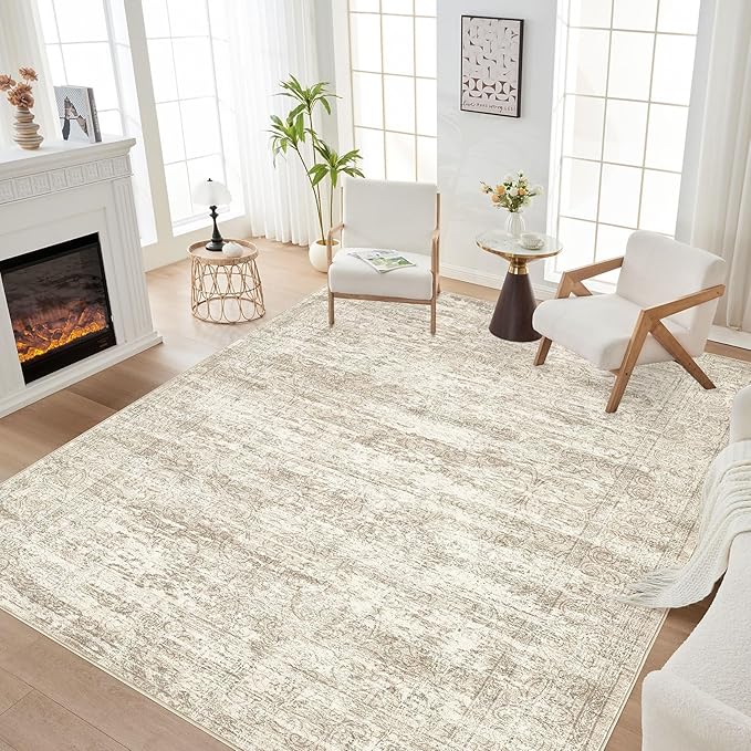 Area Rug Living Room Rugs - 10x14 Abstract Large Soft Indoor Washable Rug Neutral Modern Low Pile Carpet for Bedroom Dining Room Farmhouse Home Office - Vintage Beige