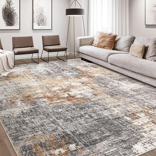 Area Rug Living Room Rugs - 10x12 Washable Large Soft Indoor Neutral Modern Abstract Low Pile Rug Carpet for Bedroom Dining Room Farmhouse Home Office - Grey Brown