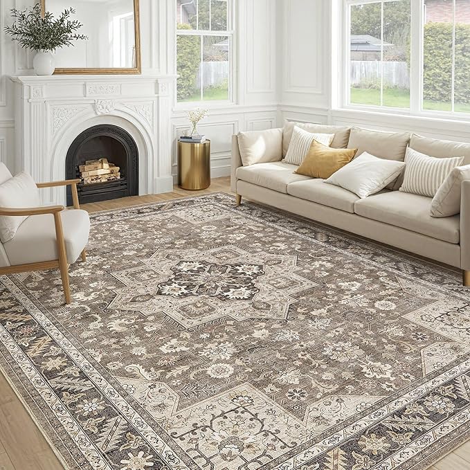 Vintage Living Room Area Rug 10x12 - Large Soft Washable Oriental Traditional Distressed Farmhouse Rugs for Bedroom - Indoor Floor Accent Carpet for Home Office House Decor - Brown