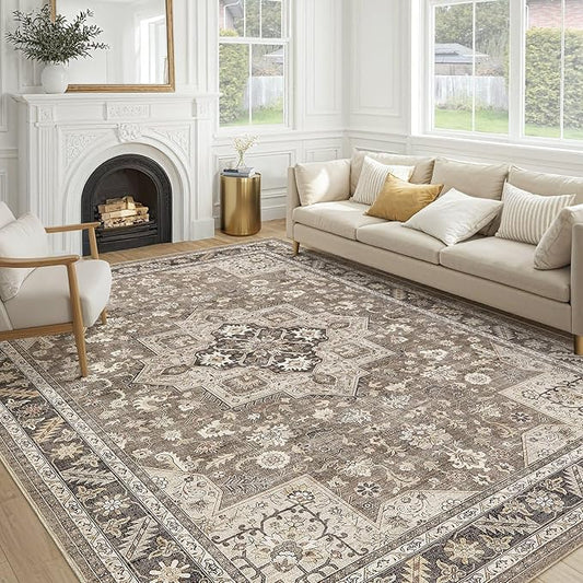 Vintage Living Room Area Rug 10x14 - Large Soft Washable Oriental Traditional Distressed Farmhouse Rugs for Bedroom - Indoor Floor Accent Carpet for Home Office House Decor - Brown