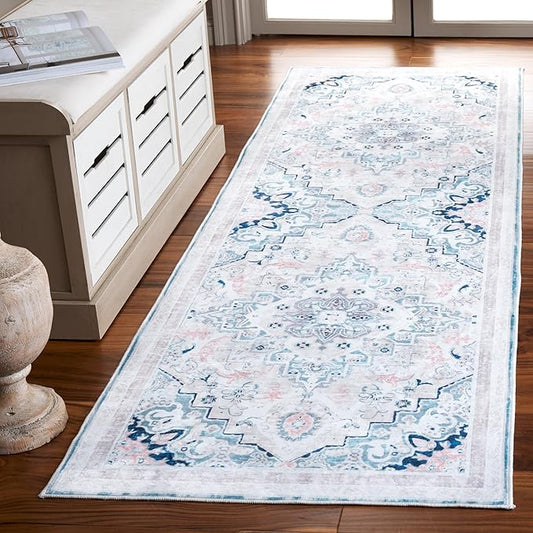 Safavieh Washable Rug Arizona Collection - 2'6" x 8' Runner, Ivory & Aqua, Slip Resistant & Easy to Clean, Ideal for Living Room, Entryway, Foyer, Kitchen, Bedroom (ARZ324A)
