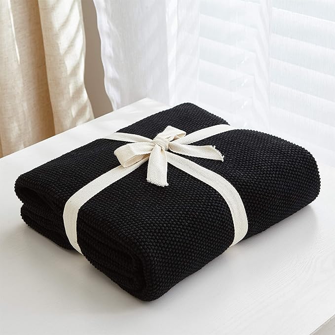 Longhui bedding Black Cotton Cable Knit Throw Blanket for Couch Sofa Chair Bed Home Decorative, 2.5 Pounds 50 x 60 Inch Lightweight Woven Throw Blankets with Bonus Laundering Bag, Machine Wash