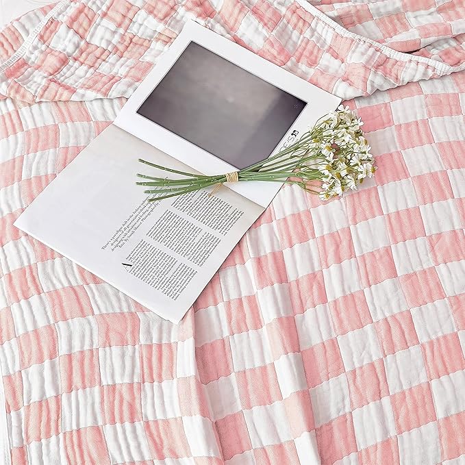 SANACYNA 100% Cotton Muslin Throw Blanket 6-Layer Gauze Pink Checkered Bed Blanket Lightweight Soft Breathable Cooling Blanket for Sofa Couch Both Sides (Pink Checkerboard, Throw 50"x60")