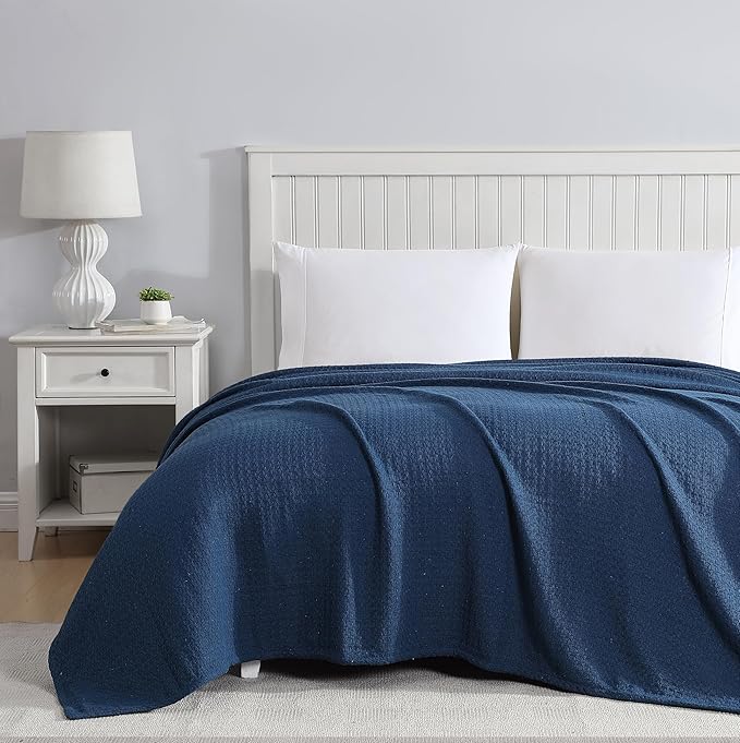 Beatrice Home Fashions Grand Hotel Lightweight All-Natural 100% Cotton Waffle Weave Blanket, Full/Queen, Navy