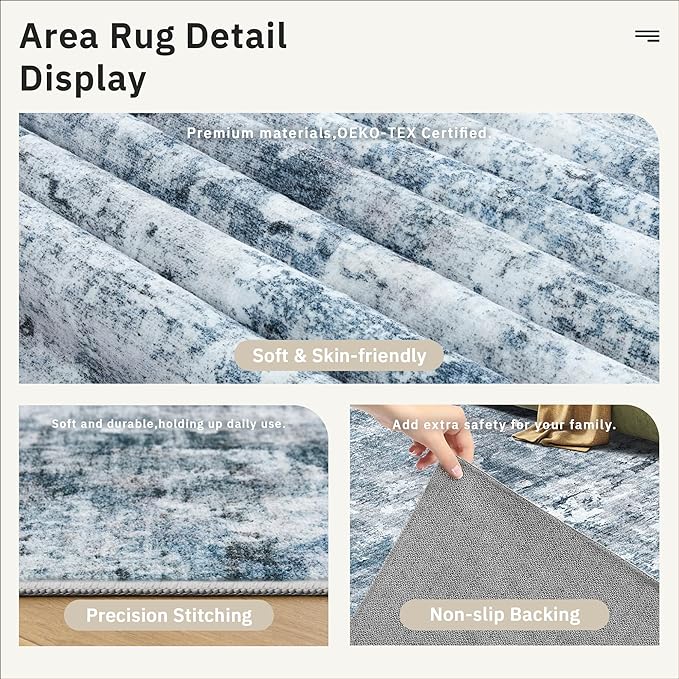 5x5 Blue/Grey Round Rug 5ft Living Room Circle Rug Vintage Round Area Rug Non Slip Indoor Carpet for Entryway Dining Room Bedroom