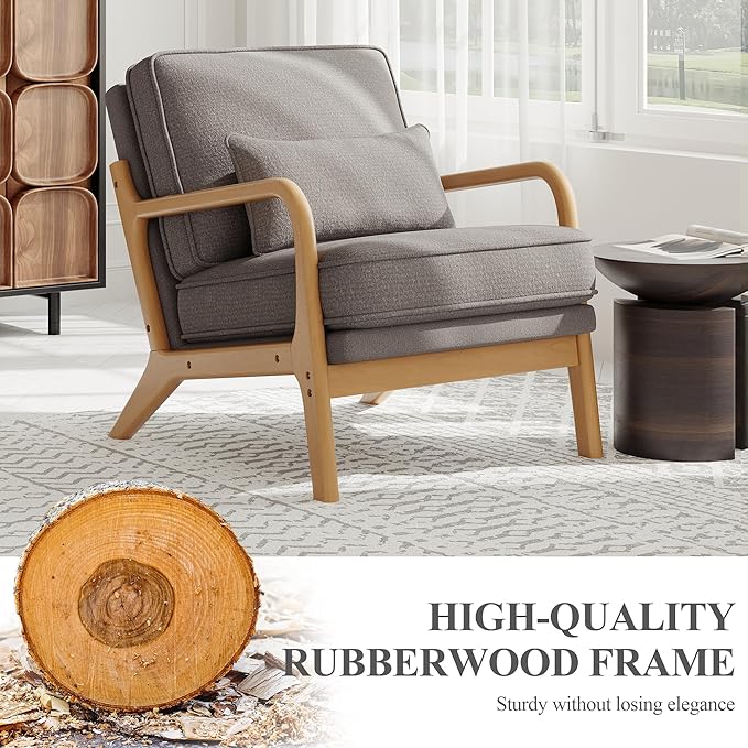 Accent Chair with Solid Wood Frame, Mid-Century Relaxing Armchair Lumbar Pillow& Soft Cushion, Reading Leisure Chair for Living Room, Bedroom, Waiting Room-Grey
