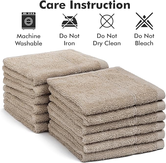 Face Towels Pack of 12 – 100% Cotton Wash Cloths (12x12 inch) – Soft, Quick Dry & Highly Absorbent Hand Towels for Bathroom, Spa, Gym, Kitchen and for Daily Use - (Beige)