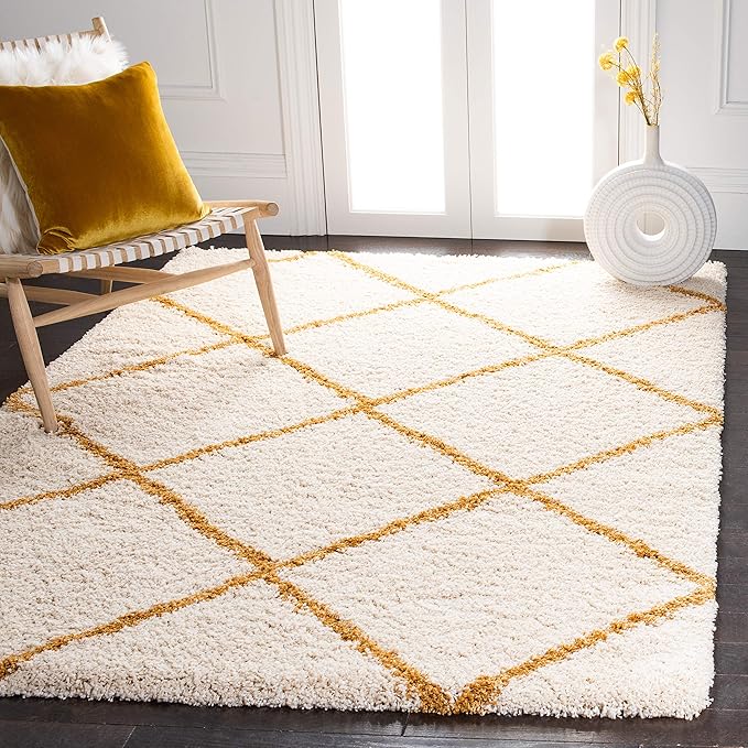 SAFAVIEH Hudson Shag Collection Accent Rug - 3' x 5', Ivory & Gold, Modern Trellis Design, Non-Shedding & Easy Care, 2-inch Thick Ideal for High Traffic Areas in Foyer, Living Room, Bedroom (SGH281E)