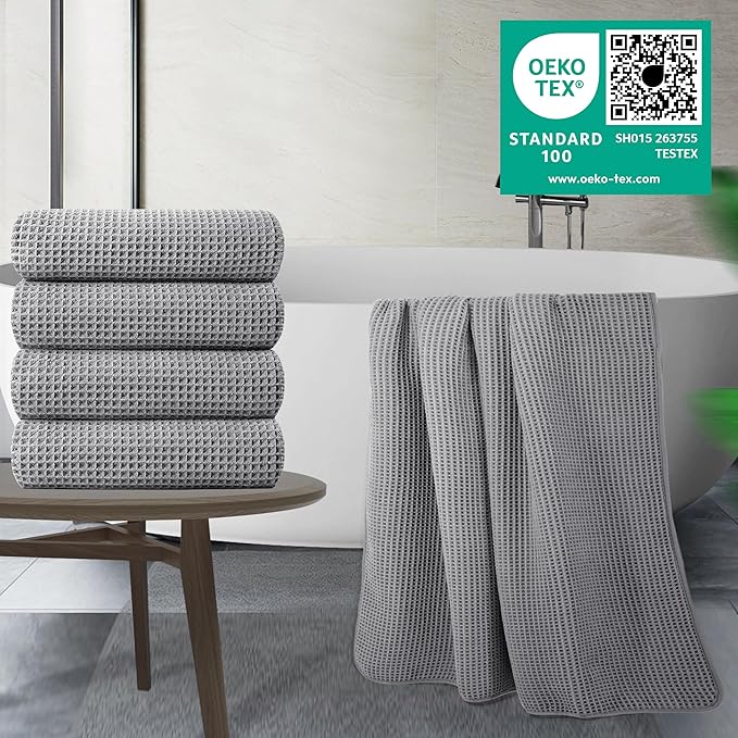 430 GSM Microfiber Oversize Quick Dry Lint Free Bath Towel, 60 x 30 in, 4 Pack (Waffle Weave)