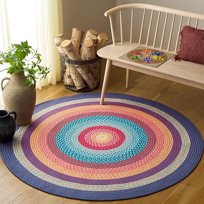 SAFAVIEH Washable Rug Outdoor Braided Collection - 5' Round, Red & Orange, Handmade & Reversible, Non-Shedding & Easy to Clean, Ideal for Patio, Backyard, Mudroom (BRD308Q)