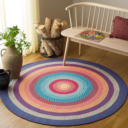 SAFAVIEH Washable Rug Outdoor Braided Collection - 5' Round, Red & Orange, Handmade & Reversible, Non-Shedding & Easy to Clean, Ideal for Patio, Backyard, Mudroom (BRD308Q)
