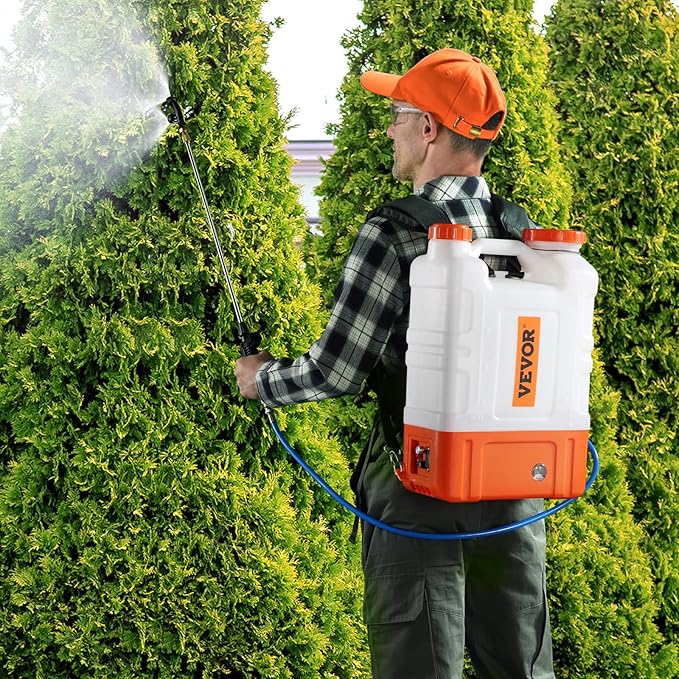 4 Gallon Battery Powered Backpack Sprayer with Wheeled Cart, Adjustable 0-94 PSI, 13FT Hose, 6 Nozzles, 2 Wands Included, Wide Mouth Lid for Weeding, Cleaning, Long Spray Time Without Fatigue