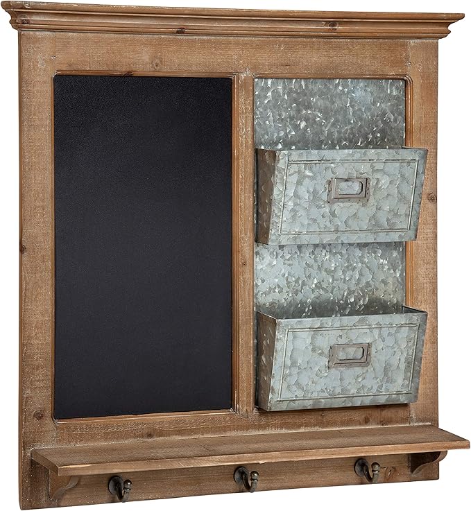 Kate and Laurel Idamae Wood Framed Chalkboard Wall Organizer with Mail Holders and Key Hooks, 28" x 25", Rustic Brown, Farmhouse-Inspired Chalkboard