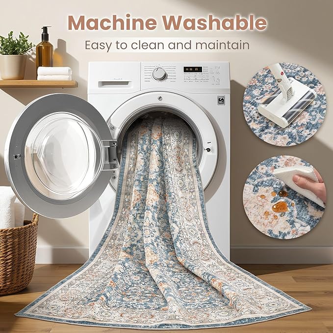 Vintage Living Room Area Rug 6x9 - Large Soft Washable Oriental Traditional Distressed Farmhouse Rugs for Bedroom - Indoor Floor Accent Carpet for Home Office House Decor - Dark Blue