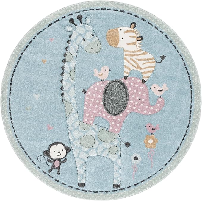 SAFAVIEH Carousel Kids Collection Area Rug - 6'7" Round, Blue, Animal Design, Easy Care & Non-Shedding, Ideal for High Traffic Areas for Boys & Girls in Playroom, Nursery (CRK120K-7R)