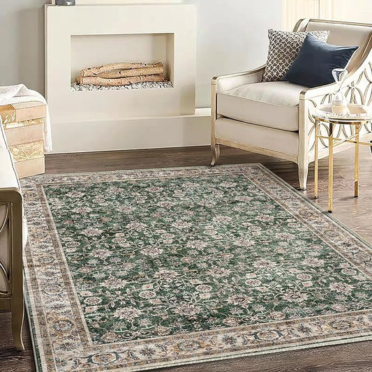 Area Rug 5'x7' Washable Rug Vintage Traditional Floor Cover Thin Retro Kitchen Indoor Distressed Non Slip Carpet for Living Room Bedroom Dining Room