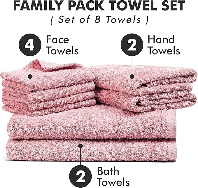 Bath Towels Set of 8 – 100% Cotton (Baby Pink) Bathroom Towel Set Bale Includes 2 Bath, 2 Hand, 4 Face Towels – Soft, Absorbent & Quick Dry Towel for Bathroom, Spa, Kitchen, Hotel Use