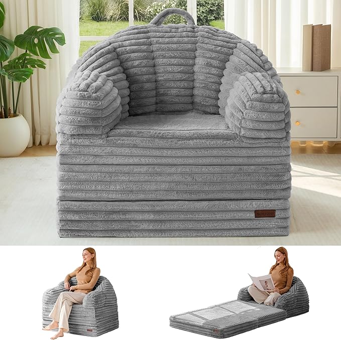 MAXYOYO Folding Sofa Bed, 2 in 1 Convertible Sofa to Lounger Comfy Faux Fur Bean Bag Chair for Adults, Floor Single Sleeper Couch Chair with Handle, Couch Bed for Living Room Bedroom, Grey