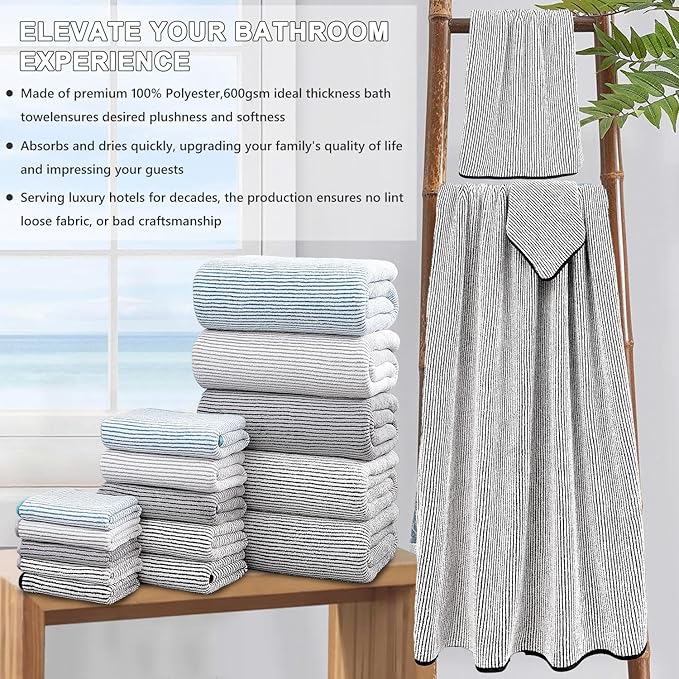 8-Piece Premium Towel Set for Bathroom|2 Oversized Large Bath Sheet 35”x70”,2 Hand Towels,4 Washcloths|Soft Cozy Absorbent Fast Dry Polyester Shower Towel Set for Hotel Bathroom Essentials,Black White