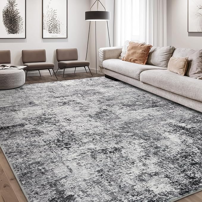 Area Rug Living Room Rugs - 10x11 Washable Large Soft Indoor Neutral Modern Abstract Low Pile Rug Carpet for Bedroom Dining Room Farmhouse Home Office - Grey