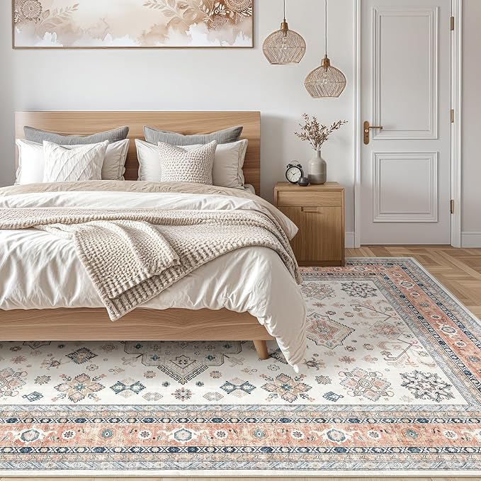 Vintage Living Room Area Rug 9x12 - Large Soft Washable Oriental Traditional Distressed Farmhouse Rugs for Bedroom - Indoor Floor Accent Carpet for Home Office House Decor - Coral Pink