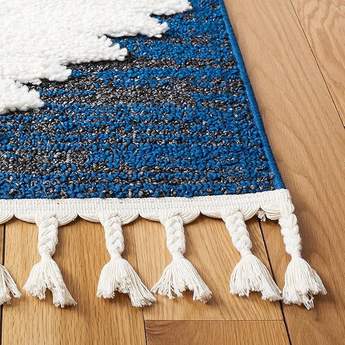 SAFAVIEH Moroccan Tassel Shag Collection Runner Rug - 2'3" x 8', Navy & Ivory, Rustic Trellis, Non-Shedding & Easy Care, 2-inch Thick Ideal for High Traffic Areas in Living Room, Bedroom (MTS652N)