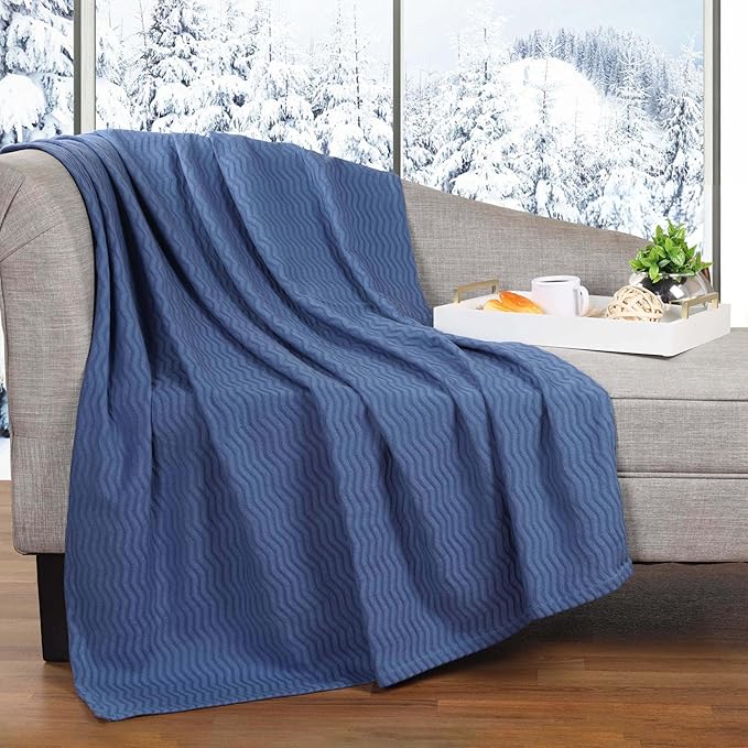 Superior JENA Cotton Blanket Picnic, Beach, Traveling or Camping, Bedroom, Essentials, Cover for Bed, Couch, Lounging, Textured Jacquard, Modern Chevron Woven Blanket, California King, Merritt Blue